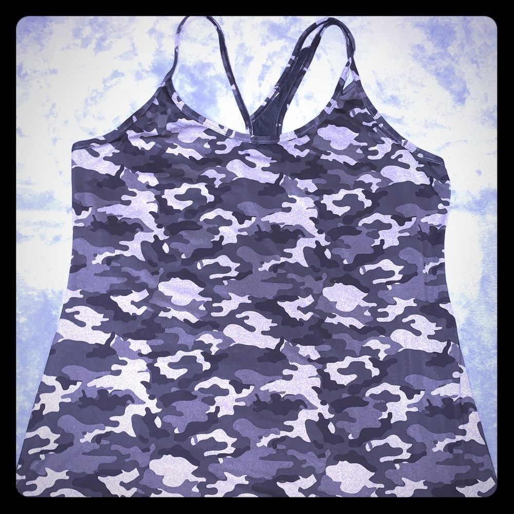 Fabletics Gray Camo Asymmetrical Racerback Tank